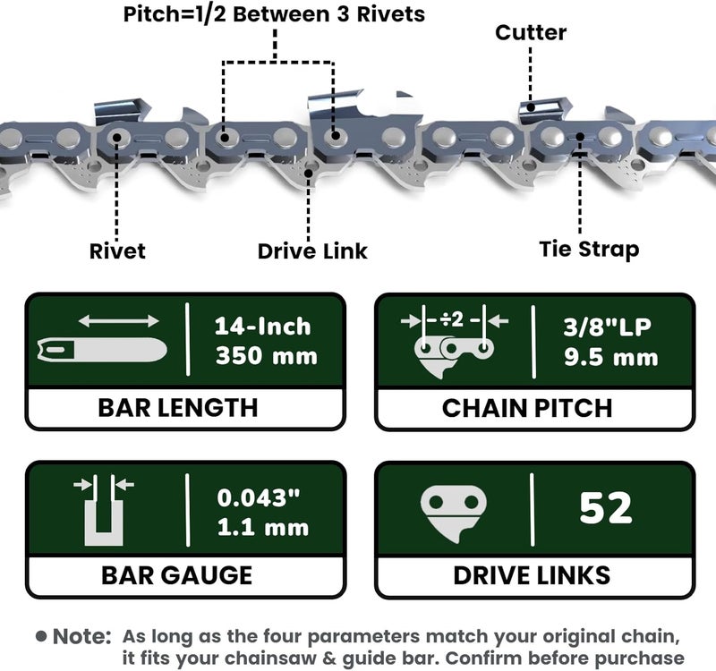 Wangenbro New 14 Inch Chainsaw Chain 3/8"LP Pitch .043" Gauge 52 Drive Links, 14 Inch Replacement Chain for Greenworks, EGO, Milwaukee, Kobalt, Makita, Worx, ECHO, SKIL, Ryobi & More, Low Kickback Chain - R52 - Image 3